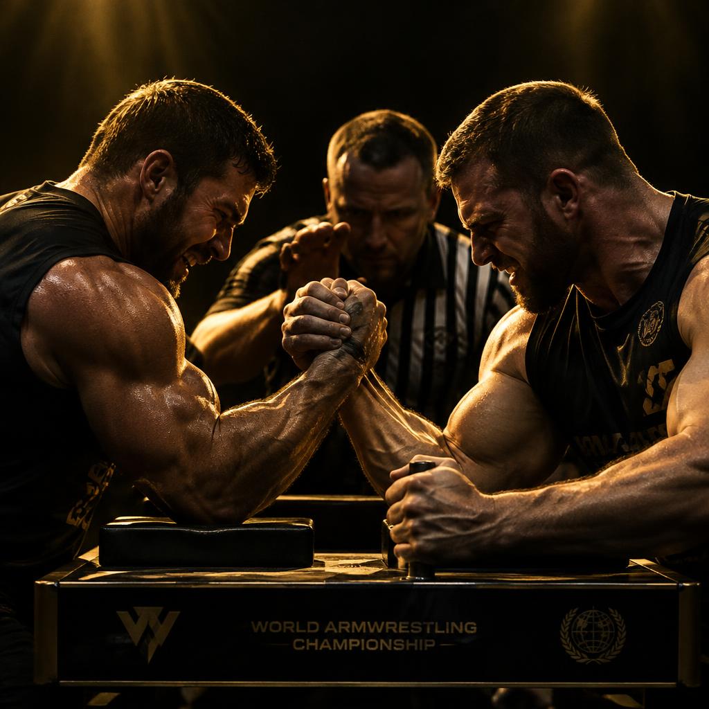 Armwrestling match under golden lights